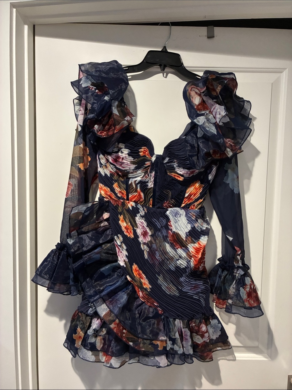 ASOS Navy Floral Long-Sleeve Ruffle Mini Dress with Orange Accents